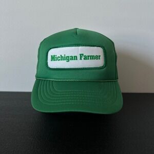 Vintage 80s Michigan Farmer Trucker Hat Cap Snap Back Adjustable Green Adult